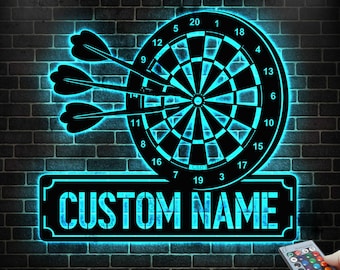 Personalized Darts Metal Sign with LED Lights, Dartboard Wall Art, Game Room Decor, Dart Lovers Gift, Bar, Garage or Man Cave Decor