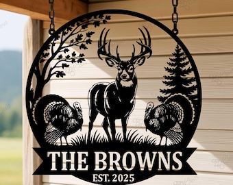 Custom Deer Forest Metal Sign, Deer Turkey Sign, Personalized Last Name Sign, Hunting Gift, Cabin Sign, Lodge Decor, Hunter Gift