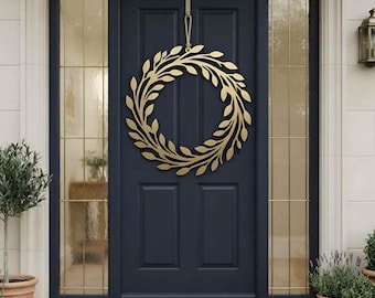 Gold Leaf Wreath, Metal Front Door Decor, Botanical Wall Hanging, Modern Year Round Entryway and Porch Decor, New Home Gift