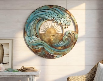 Cuadro de metal con diseño de puesta de sol en el océano, decoración redonda con olas costeras, adorno rústico náutico para la sala de estar y la casa de playa.