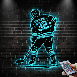 Plaque de hockey sur glace personnalisée avec lumière LED, plaque en métal de hockey, plaque personnalisée du nom de joueur de hockey, décoration de salle de hockey, cadeau hockey