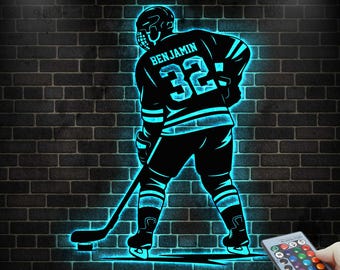 Personalisiertes Eishockey Schild mit LED-Licht, Hockey Metallschild, Hockeyspieler Name Zeichen, Hockey Raumdekor, Hockey Geschenk