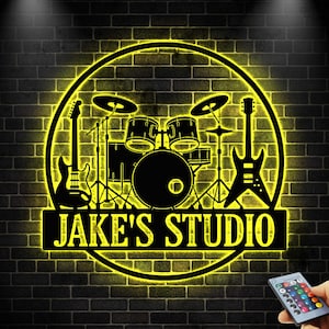 Custom Music Studio Metal Sign with LED light, Music Room Wall Decor, Music Instruments Sign, Musician Gift, Band Gift, Guitar & Drum Sign