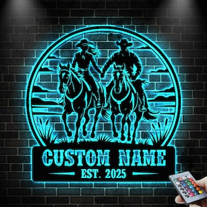 Aangepaste cowboy cowgirl metalen bord met led-licht, cowboy cowgirl muurkunst, cowgirl teken, cowboy cadeau, cowboy cowgirl naambord, western cadeau