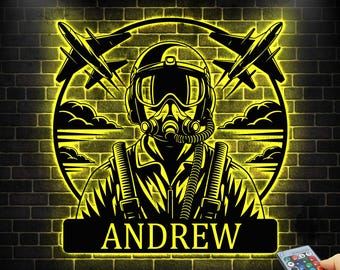 Custom Fighter Pilot Metal Wall Art with LED light, Personalized Air Force Metal Sign, Fighter Jet Sign, Aviation Gift for Pilot, Veteran