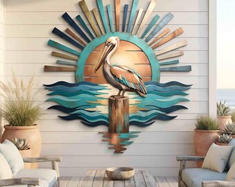 Nautical Pelican Metal Wall Decor, Metal Sun Decor, Pelican Metal Wall Art, Coastal Home Decor, Outdoor Decor, Man Cave Sign