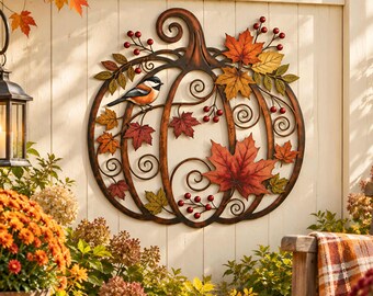 Fall Pumpkin Metal Wall Art, Autumn Leaf and Bird Decor, Rustic Outdoor Fence Hanging, Harvest Porch Decoration