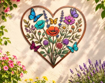 Floral Heart Metal Sign, Heart Flower Wall Art, Wildflower Heart Decor, Botanical Home Decor, Outdoor Metal Art, Wedding Gift