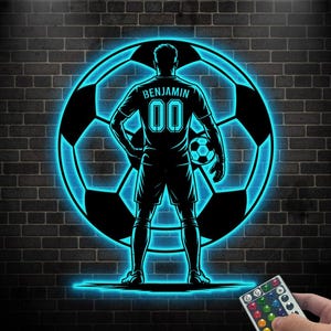 Custom Soccer Player Metal Sign with LED, Soccer Wall Art, Soccer Player Gift, Kids Sports Room, Boys Room Decor