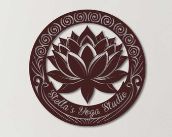 Niestandardowy metalowy znak jogi Lotus, dekoracje ścienne do jogi, wystrój studia jogi, wystrój do medytacji, prezent dla miłośnika jogi, znak firmowy, sztuka do studia jogi