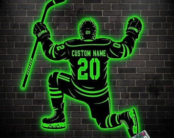 Benutzerdefinierte Hockey Schild mit LED-Licht, Eishockey Metallschild, personalisiertes Hockeyspieler Namensschild, Sport Raumdekor, Geschenk für den Sohn