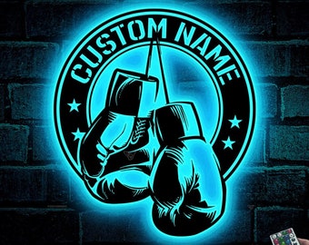 Custom Boxing Gloves Metal Sign with LED Light, Personalized Boxer Name Sign, Gym Room Decor, Man Cave Sign, Boxing Lover Gift, Gift for him