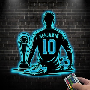 Custom Soccer Player Sign with LED light, Personalized Soccer Wall Decor, Football Player Sign, Soccer Shirt with Trophy, Gift for Son