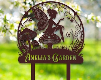 Personalized Fairy Garden Metal Sign with Stake, Fairy Garden Stake, Metal Fairy Garden Decor, Custom Garden Name Sign, Garden Decor