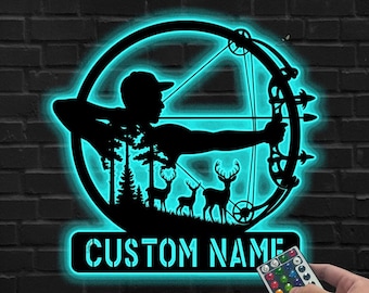 Custom Bow Hunting LED Sign, Personalized Hunting Sign, Bowhunter Metal Wall Art, Hunting Wall Sign, Hunter Name Sign, Gift for Dad