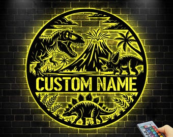 Custom Dinosaur Metal Wall Art LED Light, Personalized Dino Name Sign,Dinosaur Decor,Dinosaur Room Decor for Boys, Christmas Birthday Gift