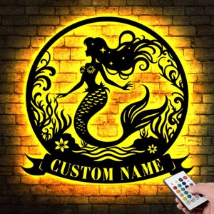 Custom Mermaid Metal Wall Art with Led Light, Mermaid Wall Art, Mermaid Lover Gift, Beach House Decor, Mermaid Tail Name Sign