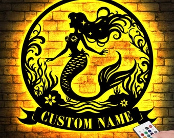 Custom Mermaid Metal Wall Art with Led Light, Mermaid Wall Art, Mermaid Lover Gift, Beach House Decor, Mermaid Tail Name Sign