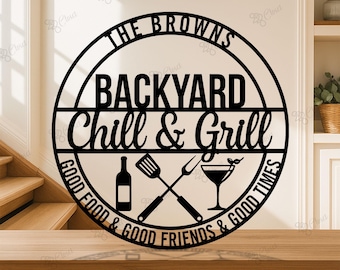 Chill and Grill Metal Sign,Metal BBQ Sign Personalized Barbecue Metal Wall Art,BBQ Bar Hanging Sign, BBQ Smoker and Grill Metal Outdoor Sign