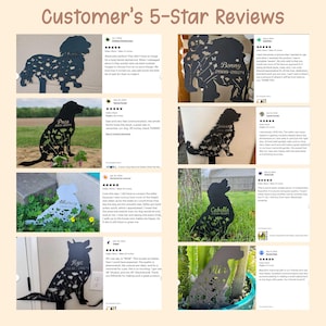 May include: A collection of black metal dog memorial stakes, each featuring a silhouette of a dog with floral and butterfly cutouts. The stakes include names and dates, and are displayed with customer reviews.