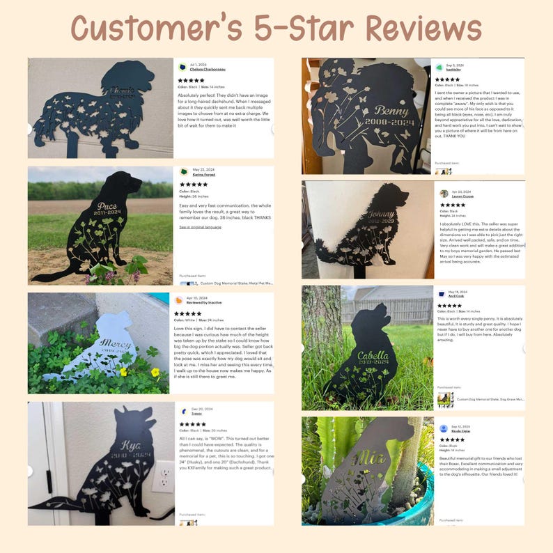 May include: A collection of black metal dog memorial stakes, each featuring a silhouette of a dog with floral and butterfly cutouts. The stakes include names and dates, and are displayed with customer reviews.