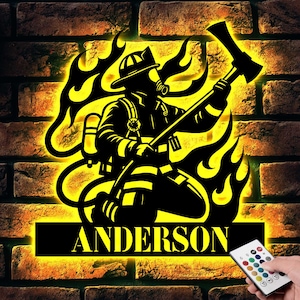 Personalized Firefighter Metal Sign with Led lights, Fireman Gift, FireFighter Sign, Fire Department Decor, Firefighter gift