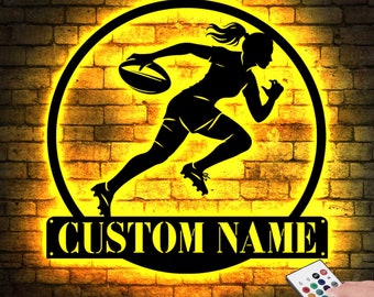 Custom Female Rugby Metal sign With LED Light, Rugby Metal Wall Art, Personalized Rugby Player Name Sign, Rugby Gift, Rugby Girl Sign