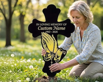 Personalized Cross With Praying Hand Memorial stake, Cross Memorial Plaque, Sympathy Sign, Grave Marker, Remembrance Stake