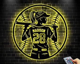 Personalized Softball Player Sign LED Lights, Baseball Metal Sign, Softball Wall Decor, Gift for Daughter,  Baseball Softball Name Sign