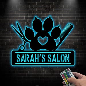 Custom Dog Grooming LED Metal Sign, Personalized Pet Salon Wall Art, Groomer Name Sign, Gift for Pet Lovers & Groomers