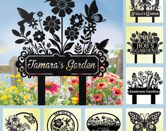 May include: A set of 10 black metal garden signs with various floral and butterfly designs. The signs feature personalized names such as "Tamara's Garden", "Kathy's Garden", "Bob's Garden", and "Stella's Garden".