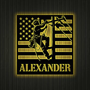 Personalized Lineman Sign LED Light, US Flag Lineman Metal Wall Sig,n Electrical Worker Sign Lineman Metal Sign, Man Cave Decor