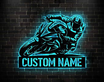 Custom motorfiets metalen bord, led-crossmotor metalen muurkunst, gepersonaliseerd naambord motorrijder, decoratie motorcrosser, motorrijder cadeau