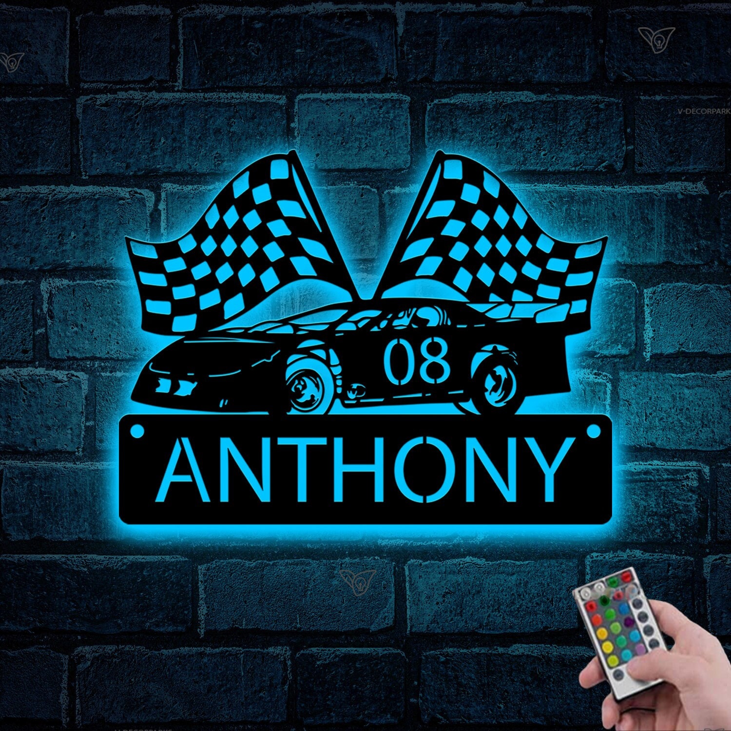 Custom Racing Car Metal Sign with LED lights, Race Car Sign, Sports Sign, Racing Car Metal Wall Art, Gift for Him, Garage sign