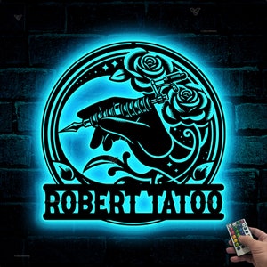 Custom Tattoo Machine Metal Sign with LED Light, Tattoo Artist Gift, Tattoo Shop Decor, Tattoo Studio Wall Decor, Ink Studio Name Sign