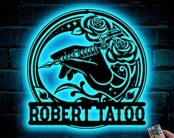 Custom Tattoo Machine Metal Sign with LED Light, Tattoo Artist Gift, Tattoo Shop Decor, Tattoo Studio Wall Decor, Ink Studio Name Sign