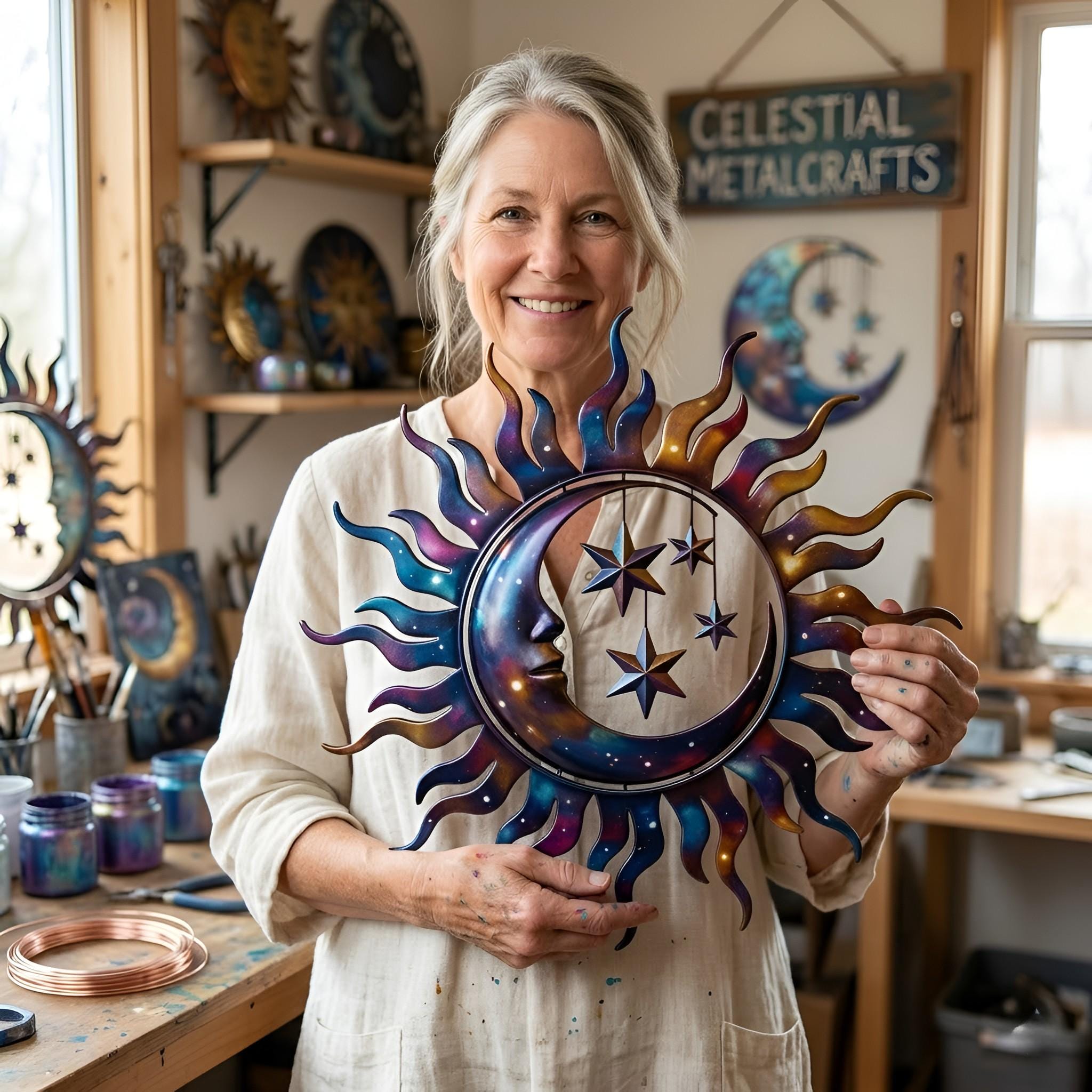 Celestial Sun Moon Metal Wall Art, Boho Moon and Stars Wall Decor ...
