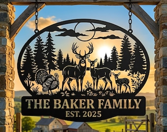 Personalized Hunting Family Sign, Custom Deer and Turkey Metal Wall Art, Established Date Farmhouse, Cabin Decor, Farmhouse or Cabin Gift