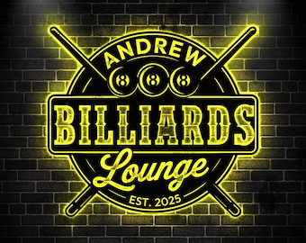 Lampe LED personnalisée pour enseigne de billard en métal, enseigne de billard, enseigne de salle de billard, enseigne de nom de billard, décoration de salle de jeux, enseigne de billard 8 boules