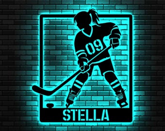 Custom Female Ice Hocey Metal Sign with Led lights, Hockey Metal Sign, Personalized Girl Hockey Player Name Sign, Hockey Player Gift
