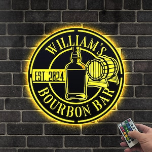Custom Bourbon Bar Metal Wall Art LED Light, Personalized Bar Name Sign, Whiskey Lover Gift, Lounge Bar Decor, Home Bar Decor, Man Cave Sign