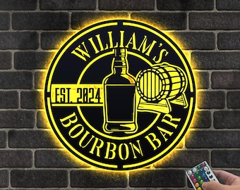 Custom Bourbon Bar Metal Wall Art LED Light, Personalized Bar Name Sign, Whiskey Lover Gift, Lounge Bar Decor, Home Bar Decor, Man Cave Sign