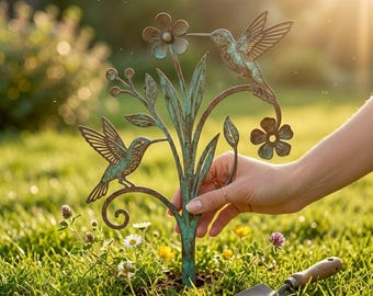 Può includere: Un paletto da giardino in metallo color bronzo con due colibrì appollaiati su un ramo floreale. Il paletto è decorato con foglie e fiori ed è posto in un'area erbosa.