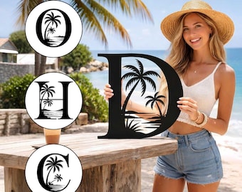 Personalisiertes Strandbrief-Metallschild mit Palme, individuelle Anfangswandkunst, Palme-Küstendekor, tropisches Wohndekor