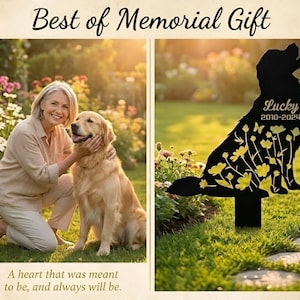 May include: A black metal dog memorial stake with the name "Lucky" and dates 2010-2024, adorned with yellow floral cutouts. The image also shows a woman and a golden retriever dog in a garden setting. Text reads "Best of Memorial Gift."