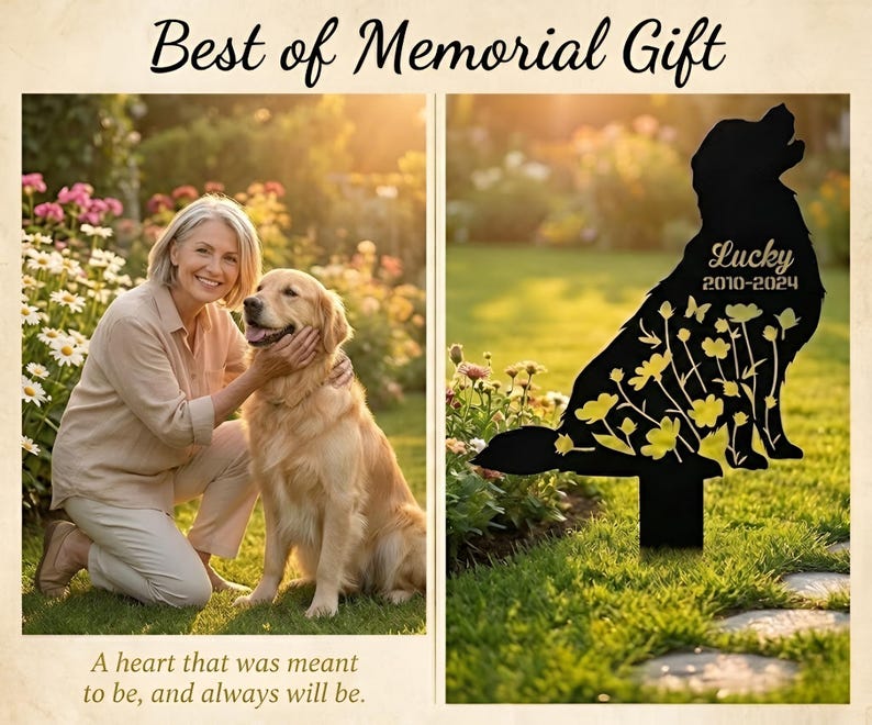 May include: A black metal dog memorial stake with the name "Lucky" and dates 2010-2024, adorned with yellow floral cutouts. The image also shows a woman and a golden retriever dog in a garden setting. Text reads "Best of Memorial Gift."