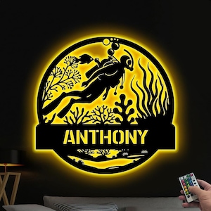 Custom Scuba Diver Sign With Led Light, Scuba Diving Metal Sign, Personalized Scuba Diver Name Sign, Scuba Diving Wall Decor
