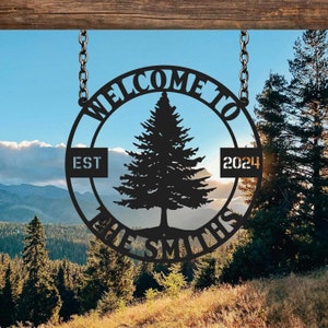 Arte murale personalizzata con albero di pino, albero di pino in metallo, cartello in metallo con albero di cedro, cartello personalizzato con nome di famiglia, decorazione murale con albero, cartello con natura