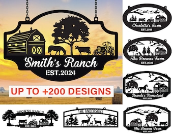 May include: A collection of customisable metal signs featuring various farm and ranch themes. The signs are black and feature silhouettes of barns, trees, animals, and farm equipment. The signs are available in a variety of designs, including a ranch with a tractor, a farm with a horse, and a farm with a deer. The signs are perfect for adding a rustic touch to any home or business.