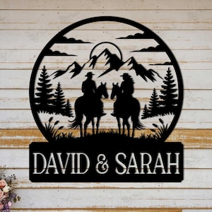 Aangepaste metalen bord cowboy en cowgirl, western cowboy cowgirl kunst aan de muur, cadeau paardenliefhebber, housewarmingcadeau, bruiloft, jubileumcadeau